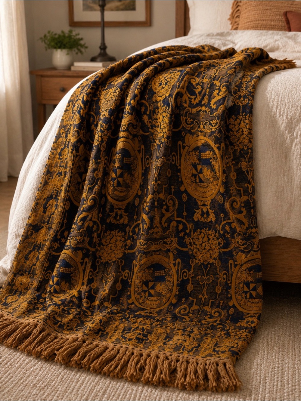 Mulberry Navy and Mustard Jacquard Fringe Throw